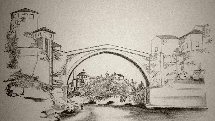 900x506 The Old Bridge In Mostar Drawing - Horizontal Drawing