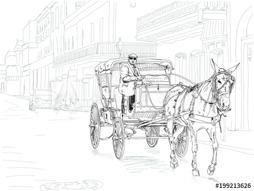 500x376 Black And White Sketch Of A Horse Drawn Carriage On Bourbon Street - Horse And Buggy Drawing