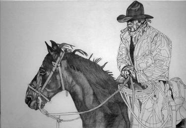 375x258 Cowboy On A Horse Drawing - Horse And Cowboy Drawing