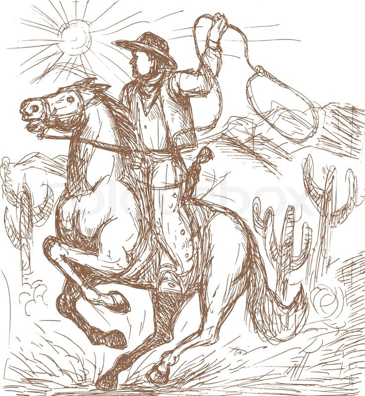 736x800 Cowboy With Lasso Riding A Horse Stock Photo Colourbox - Horse And Cowboy Drawing