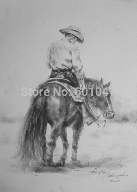 457x640 Original Drawing Sketch Man Charcoal Chalk Art Cowboy And Horse - Horse And Cowboy Drawing
