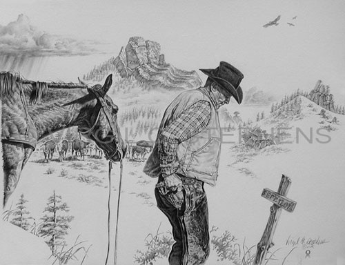 500x384 Pencil Drawing, Western Art, Fine Art, Print, Sept Art, Cowboy - Horse And Cowboy Drawing
