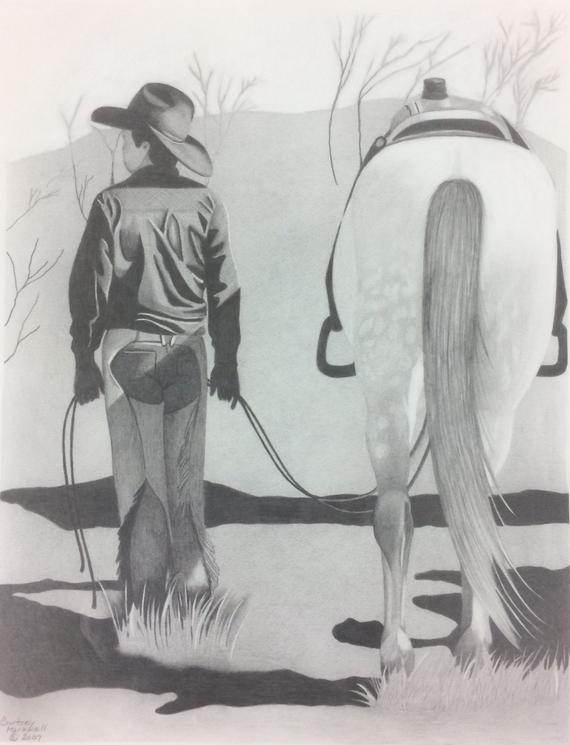 570x745 At Days End Ooak Original Horse Cowboy Southwestern Etsy - Horse And Cowboy Drawing