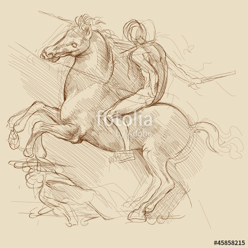 500x500 Horse And Rider Based On Drawing Of Leonardo Da Vinci Stock - Horse And Rider Drawing