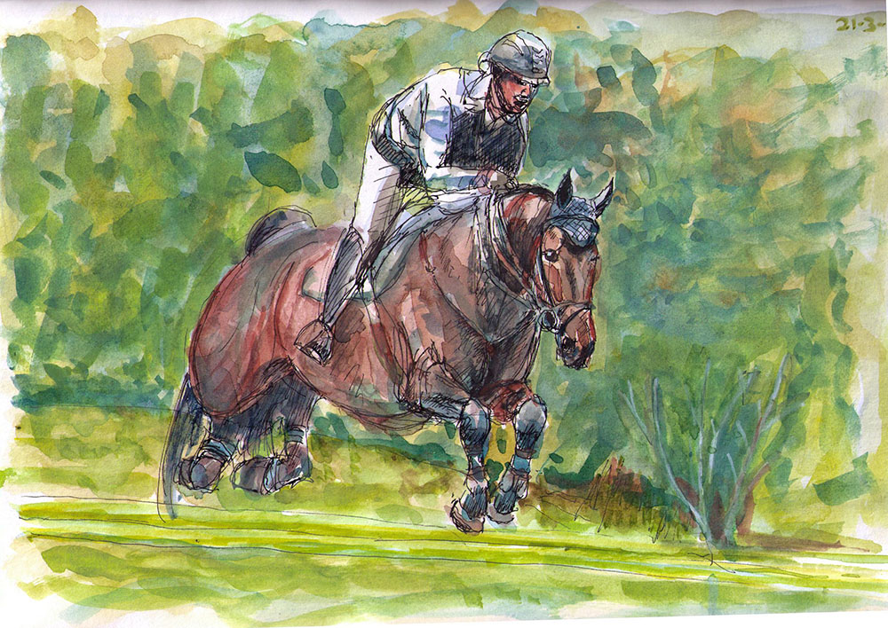 1000x708 Horse And Rider Jumping Drawing In Watercolor And Ballpoint - Horse And Rider Drawing