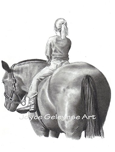 379x500 Horse Rider, Art Print, Girl On Horseback, Pencil - Horse And Rider Drawing