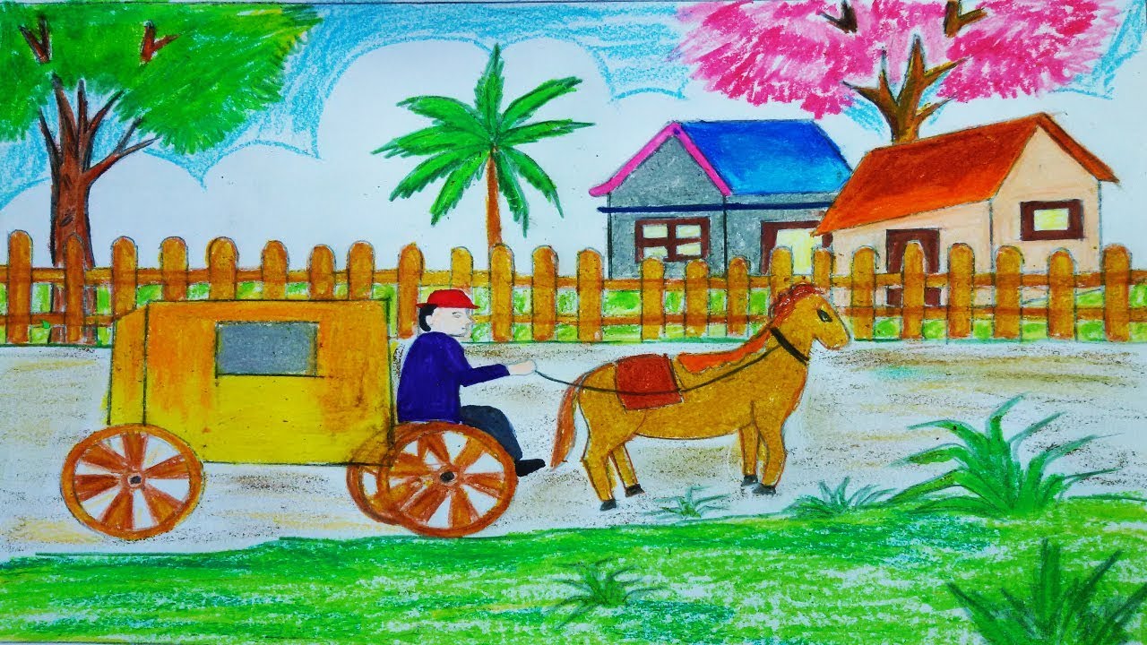 1280x720 How To Draw Horse Carriage Landscape Scenery Drawing Toma - Horse Carriage Drawing