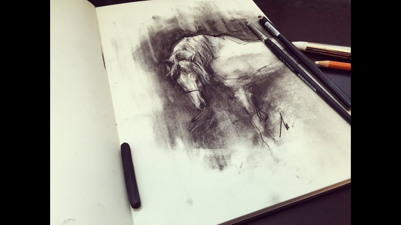 1280x720 Charcoal Horse Demo - Horse Charcoal Drawing