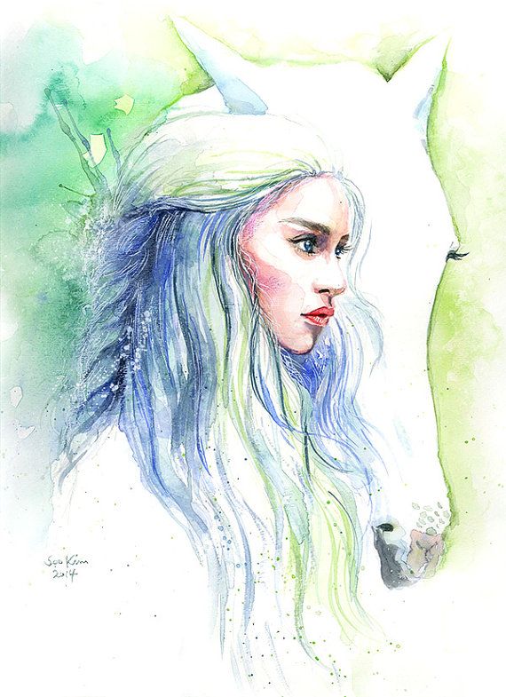570x785 game of thrones daenerys targaryen with horse watercolor art print - Horse Drawing Game