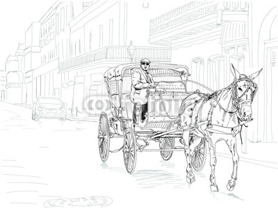 400x300 black and white sketch of a horse drawn carriage on bourbon street - Horse Drawn Carriage Drawing