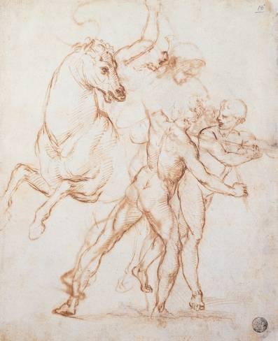 397x488 Drawing, Warrior Riding A Horse And Fighting Against Two Standing - Horse Figure Drawing
