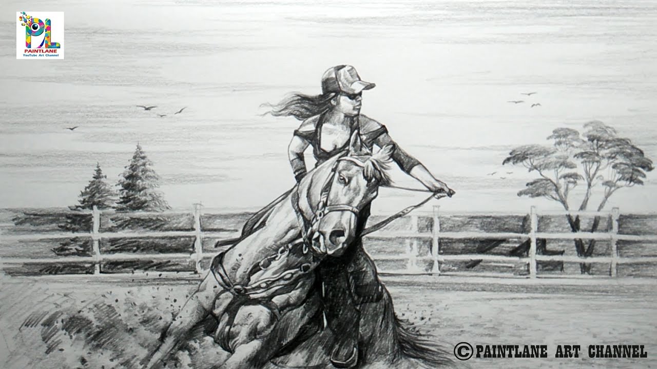 1280x720 Learn To Sketch And Shade A Girl With Start Horse Riding Easy - Horse Riding Drawing