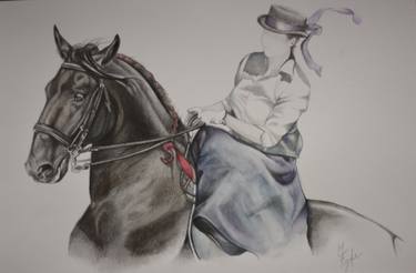 375x246 Sidesaddle Horse Riding Lady In Blue Skirt Drawing - Horse Riding Drawing