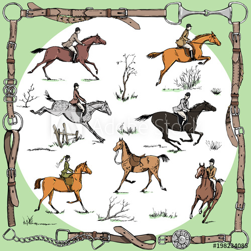 500x500 equestrian belt frame with horse riders english style on landscape - Horse Riding Drawing