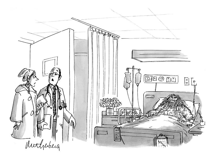 900x664 A Caveman Is Seen Lying In A Hospital Bed Drawing - Hospital Bed Drawing