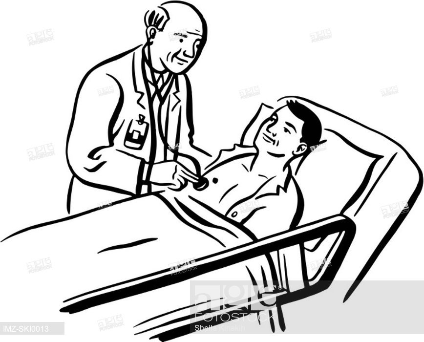 868x700 A Doctor Examining A Patient Lying On A Hospital Bed, Stock Photo - Hospital Bed Drawing
