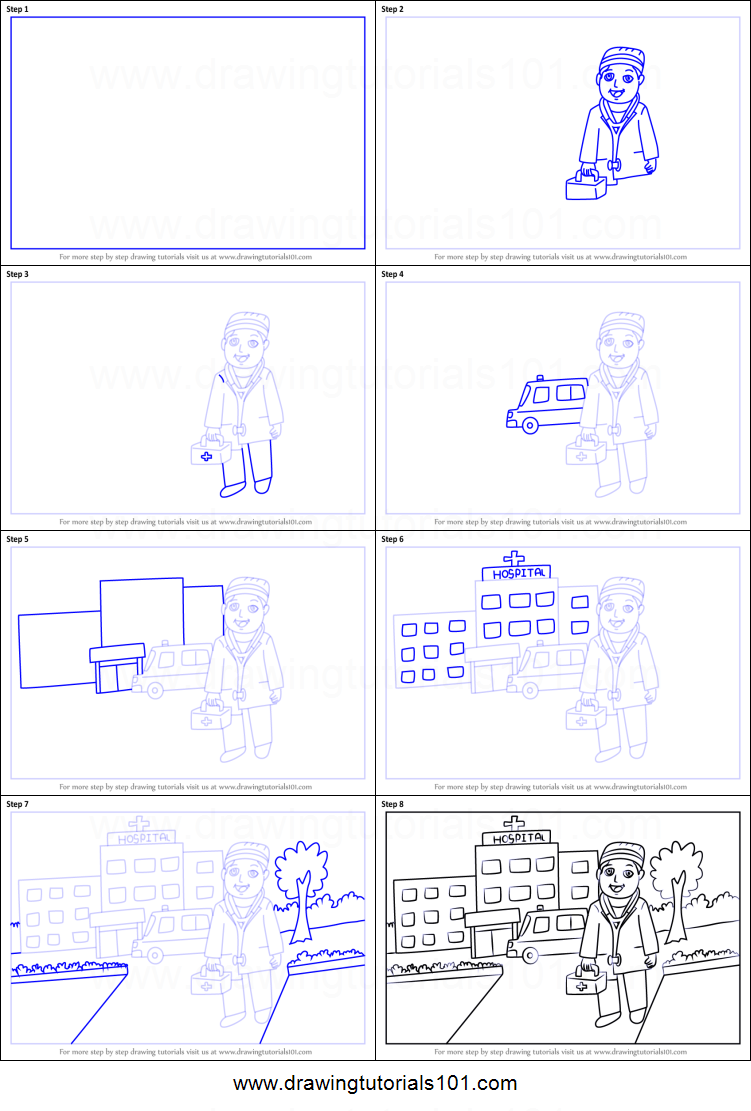 751x1111 How To Draw A Hospital Building With Doctor Printable Step - Hospital Building Drawing