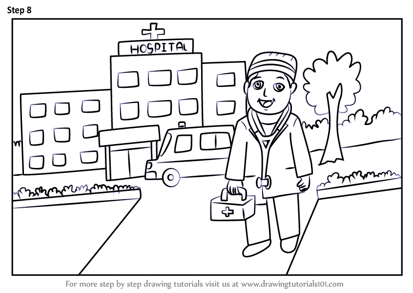 846x600 Learn How To Draw A Hospital Building With Doctor - Hospital Drawing