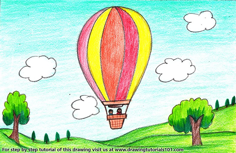 800x520 Hot Air Balloon Scene Colored Pencils - Hot Air Balloon Drawing