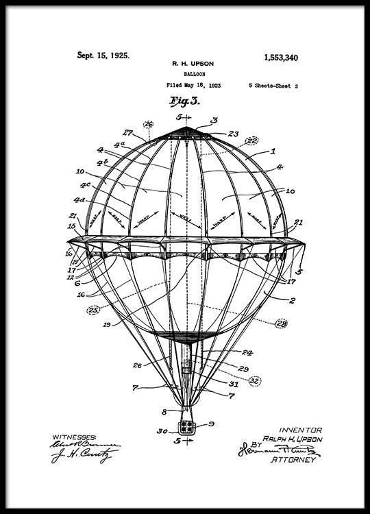 540x750 Hot Air Balloon Patent Poster - Hot Air Balloon Line Drawing
