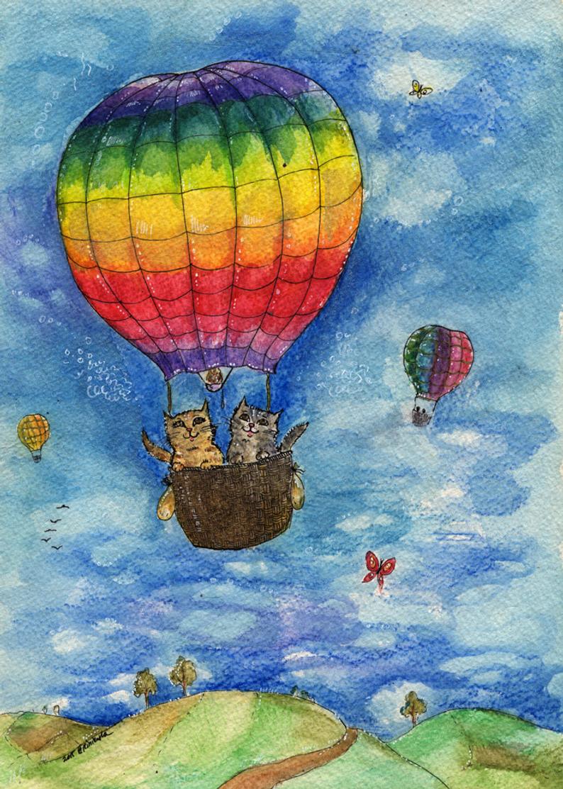 794x1113 Cute Cats In Rainbow Hot Air Balloon Original Pen And Etsy - Hot Air Balloon Pencil Drawing