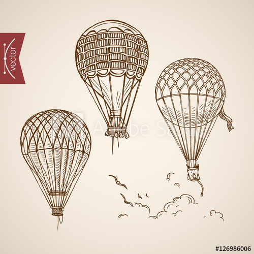 500x500 Engraving Vintage Hand Drawn Vector Flying Balloon Pencil Sketch - Hot Air Balloon Pencil Drawing