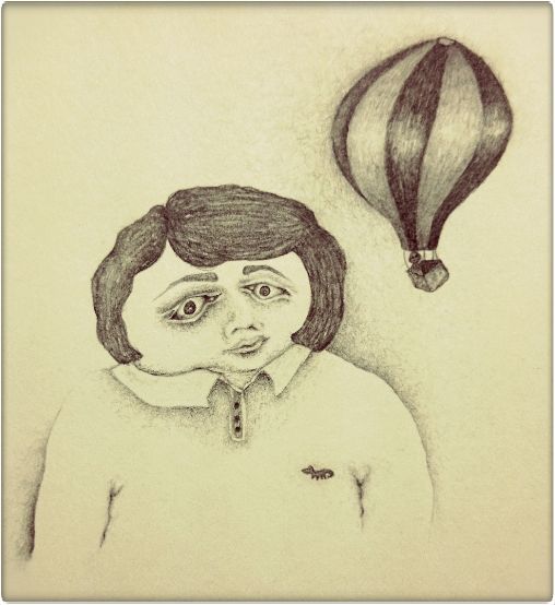 508x554 Albert With A Hot Air Balloon Behind Him - Hot Air Balloon Pencil Drawing