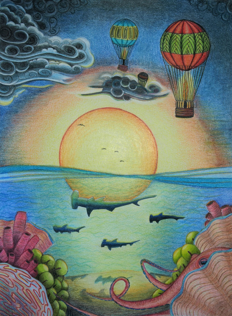 881x1200 Balloon Journeys Hammerhead Reef Drawing - Hot Air Balloon Pencil Drawing