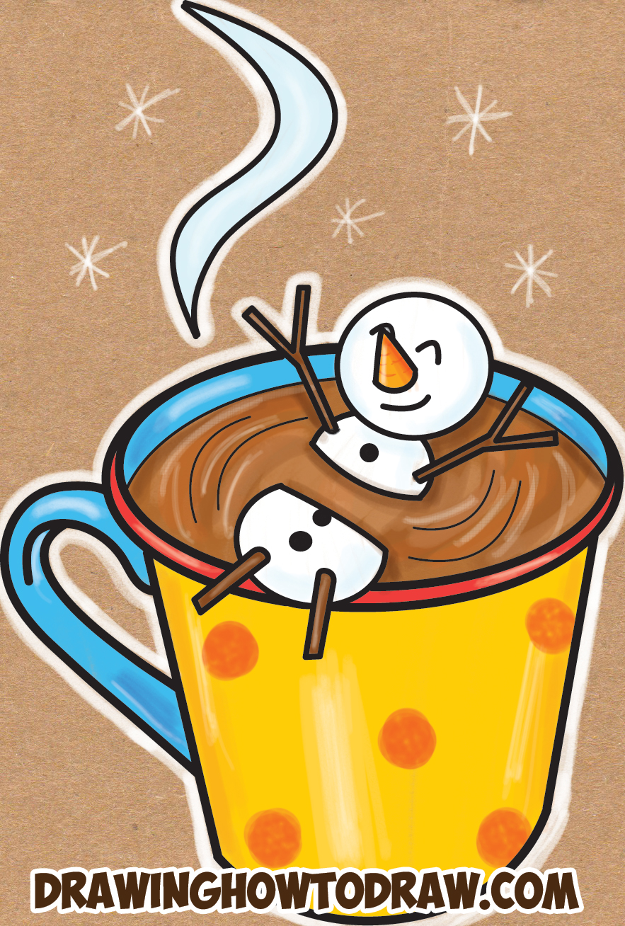 How To Draw A Snowman Bathing In A Hot Cup Of Cocoa Easy Step - Hot Chocola...