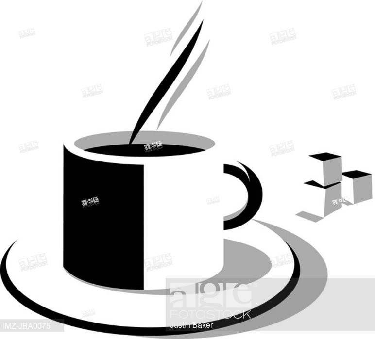 772x699 a black and white drawing of a cup of hot coffee and sugar cubes - Hot Coffee Drawing