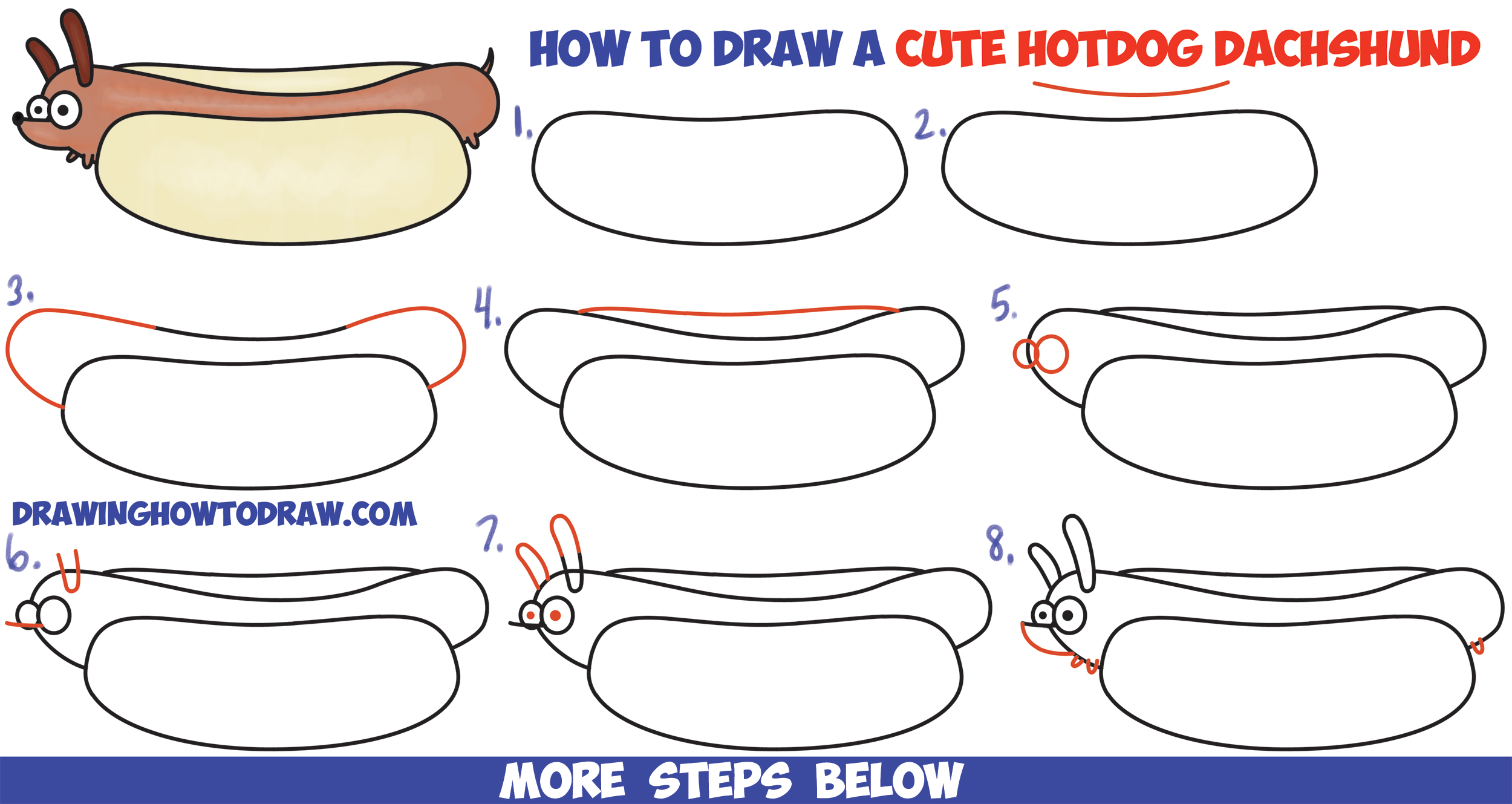 2500x1329 how to draw a cute kawaii cartoon hotdog dog - Hot Dog Drawing