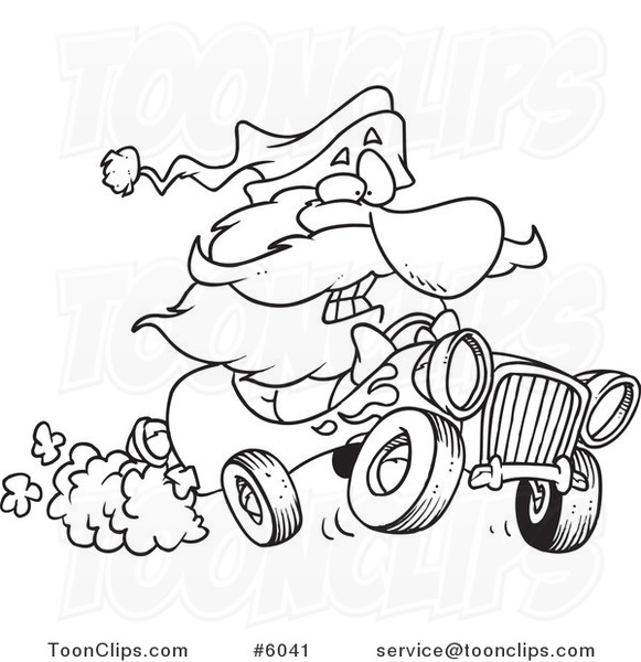 581x600 cartoon black and white line drawing of santa driving a hot rod - Hot Rod Line Drawing