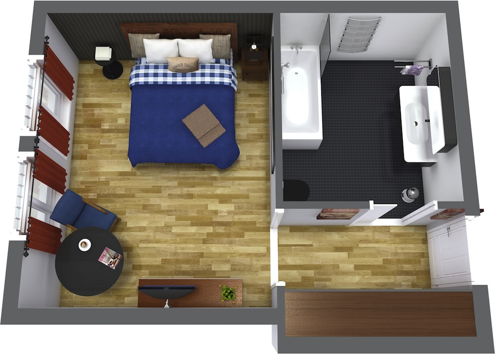 1000x717 hotel room layout roomsketcher - Hotel Room Drawing