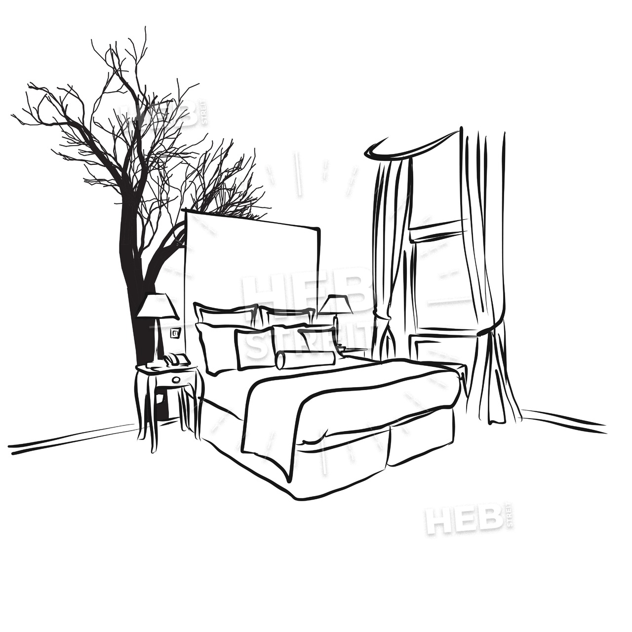 1280x1280 tree and furniture in hotel room concept hebstreits sketches - Hotel Room Drawing