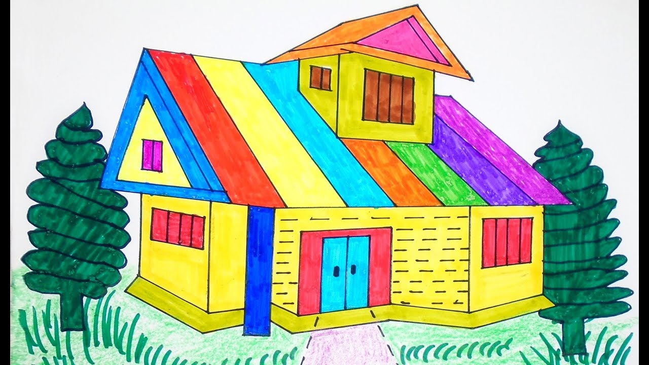 1280x720 How To Draw House Coloring Pages Rainbow Color Drawing - House Drawing Color