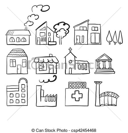 450x470 Various House Types, Fast Vector Sketch, Hand Drawn Vector Outline - House Drawing Outline