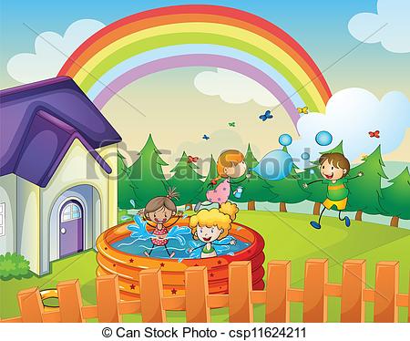 450x374 Illustration Of A House And Kids In A Beautiful Nature - House For Kids Drawing