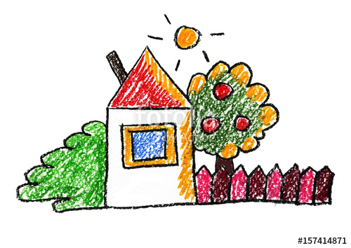 500x354 Kids Drawing Family House Village Cottage Crayon Children Drawing - House For Kids Drawing