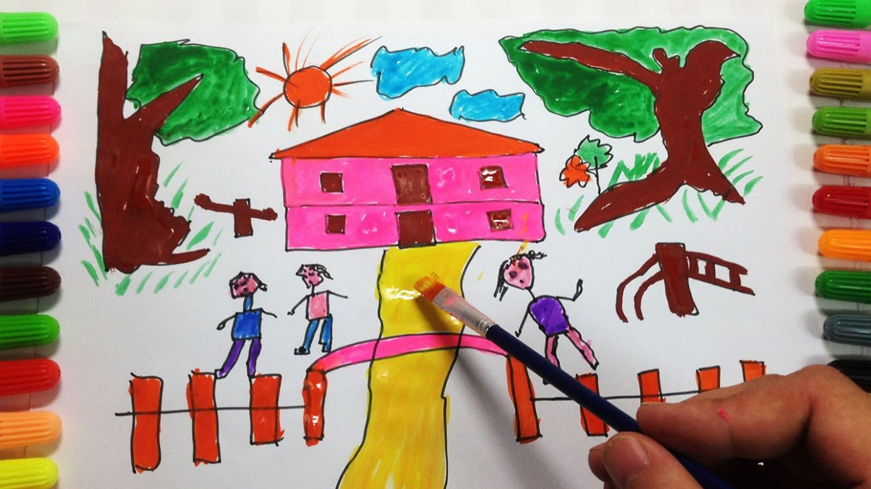 1241x698 How To Drawing House With Tree In The Garden For Kids Drawing - House For Kids Drawing