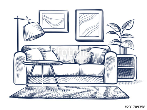 500x375 sketch living room doodle house interior with couch, lamp - House Interior Drawing