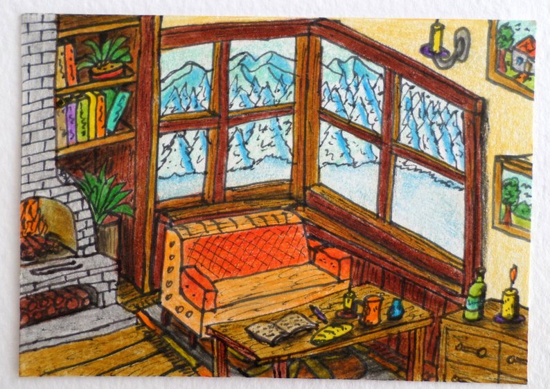 794x562 aceo christmas drawing card of a cottage house interior with a etsy - House Interior Drawing