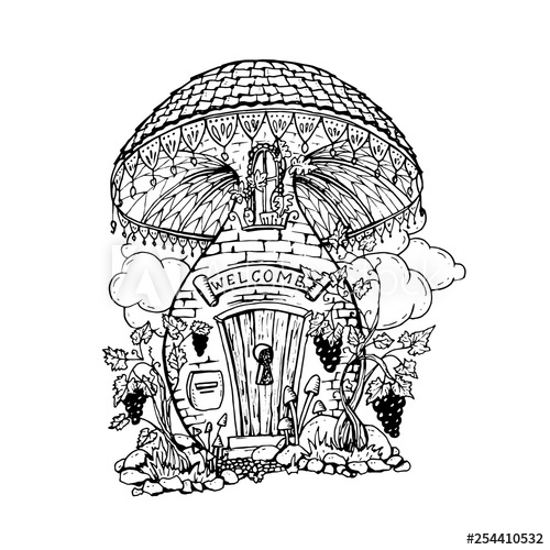 500x500 Mushroom House Hand Drawn Illustration Fairy Composition Outline - House Outline Drawing