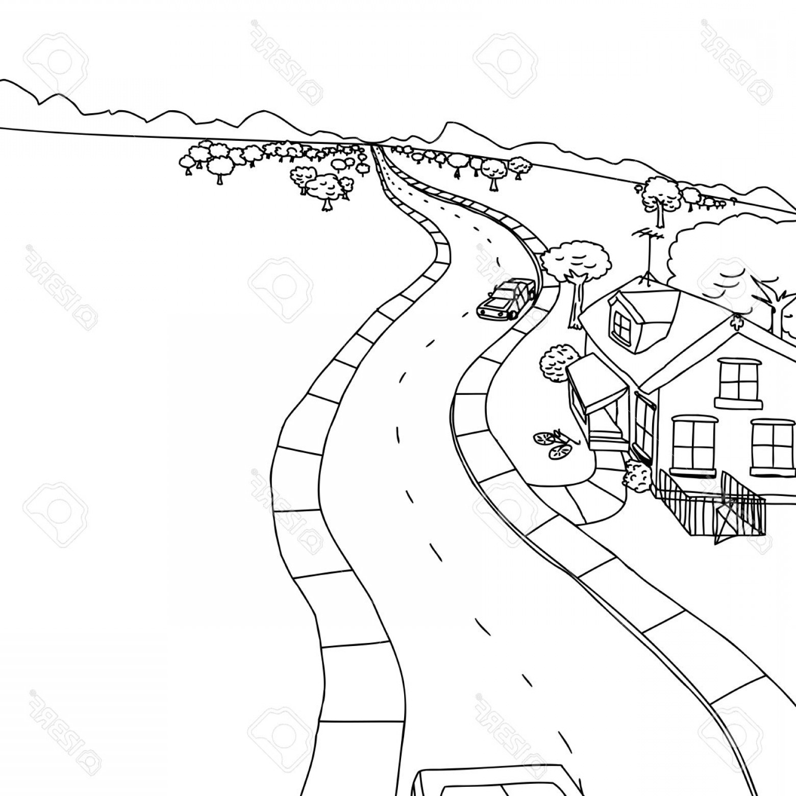 1560x1560 Photostock Vector Outline Drawing Of House With Trees Along Road - House Outline Drawing