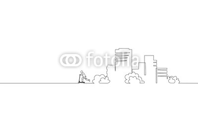 400x240 Single Continuous One Line Art City Building Riding Scooter - House Outline Drawing