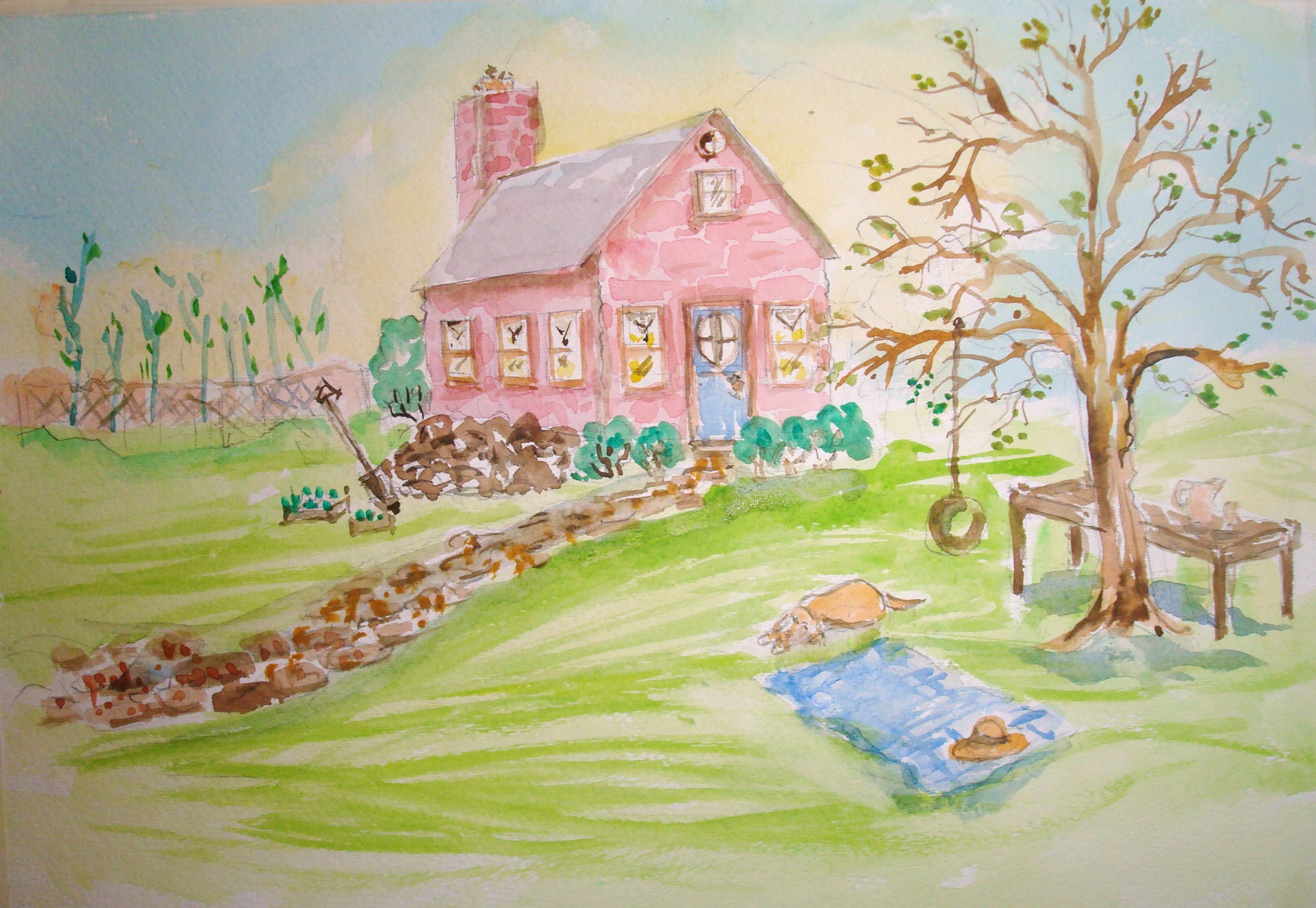 2393x1651 How To Draw And Paint A Romantic Cottage In Perspective - House Painting Drawing
