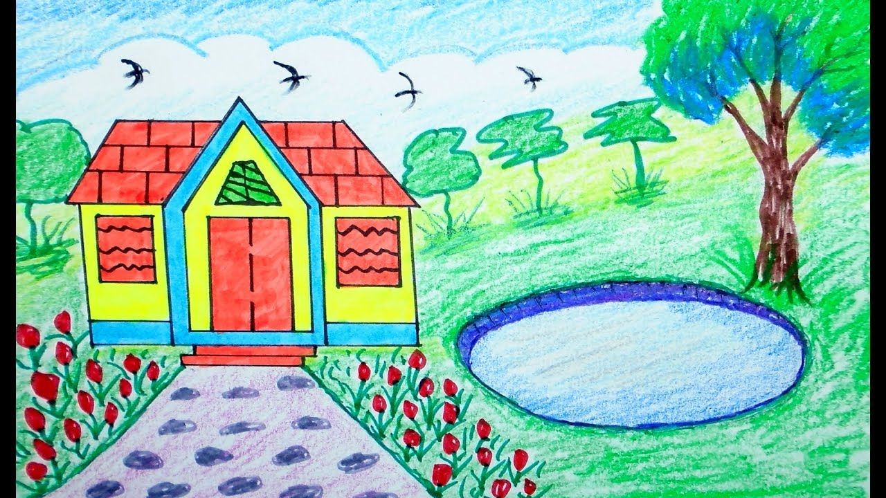 1280x720 How To Draw Scenery, House Mountain, Draw For Beginners, Draw - House Painting Drawing