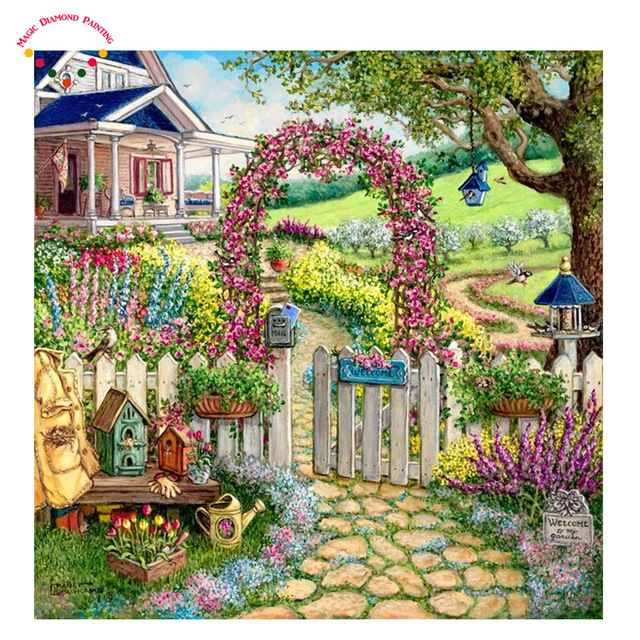 640x640 Magic Garden And House Round Diy Diamond Drawing Diamond Painting - House Painting Drawing