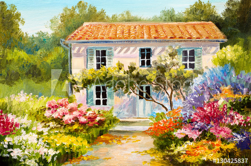 500x331 Oil Painting On Canvas Of A Beautiful House And Flowers, Abstract - House Painting Drawing