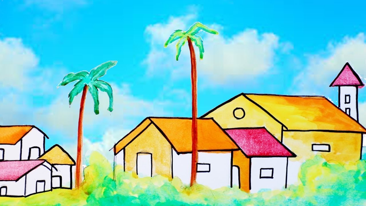 1280x720 Scenery Paintings How To Draw Scenery Of Houses,painting - House Painting Drawing