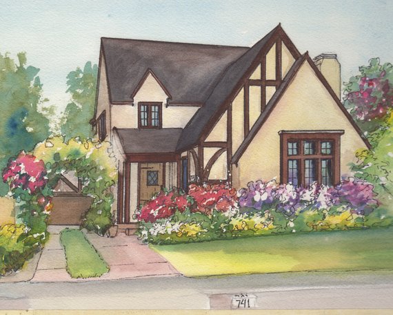 570x456 Watercolor House Drawing Painting Of Your Home With Ink Etsy - House Painting Drawing